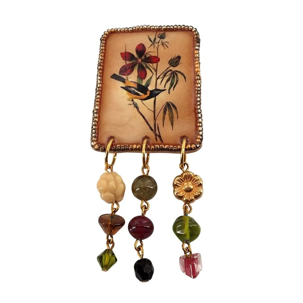 Vtg‎ Katy Stidley Let It Bead Artisan Bird Flower Beaded Dangle Brooch Pin 90s